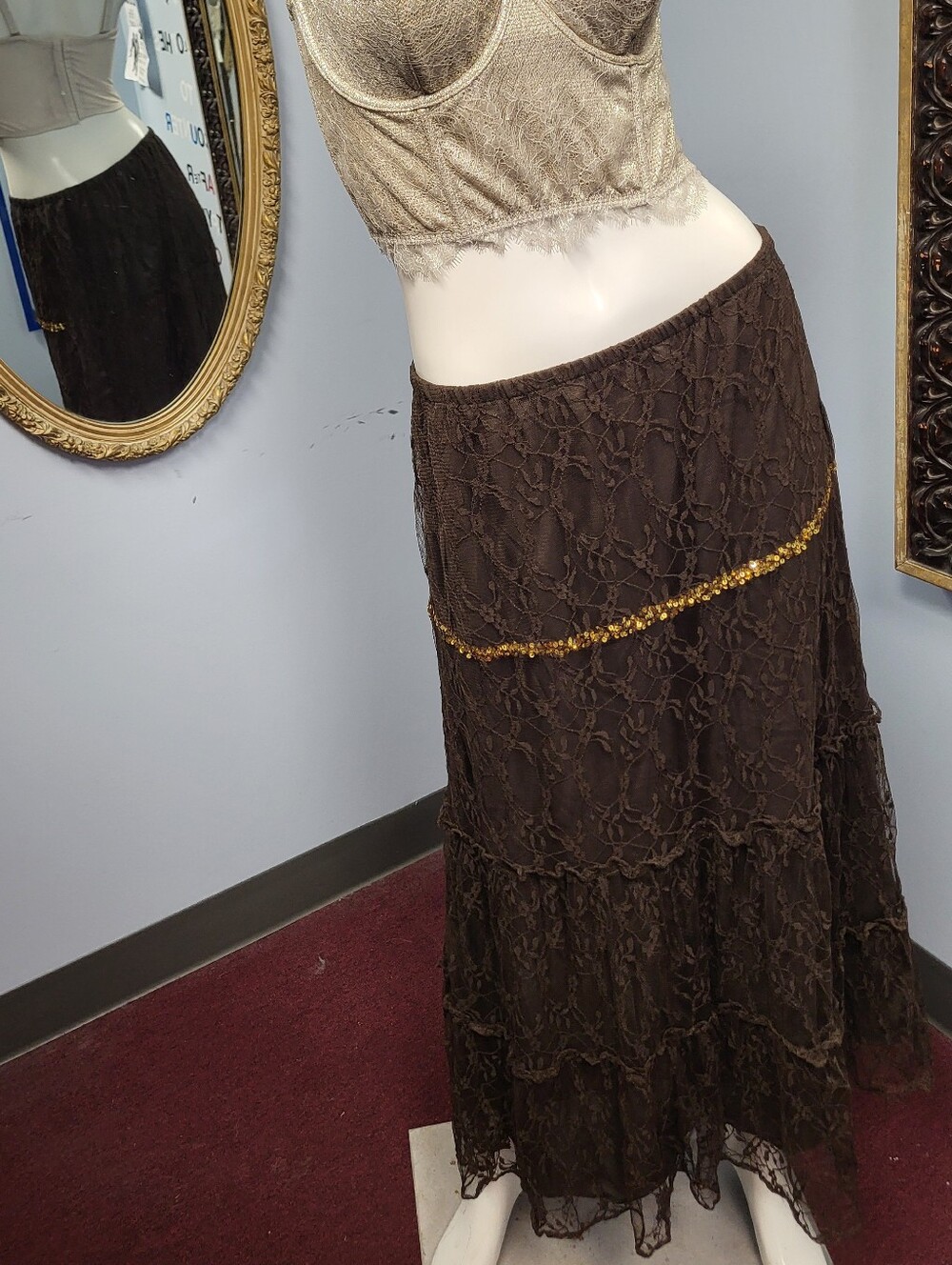 Cache Lace Maxi Skirt Sequins M NWT